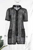 Black Sexy Solid Hollowed Out Patchwork Buckle Turndown Collar Straight Rompers