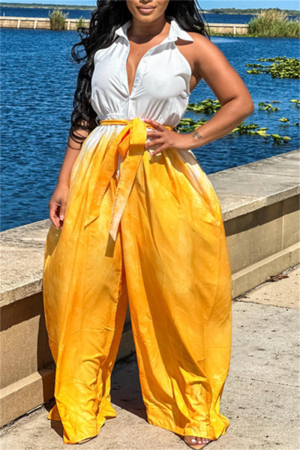 Yellow Sexy Casual Gradual Change Tie-dye Halter Straight Jumpsuits