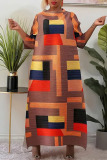 Tangerine Red Street Geometric Print Patchwork O Neck Long Dress Dresses(The Front Piece Is Shorter)