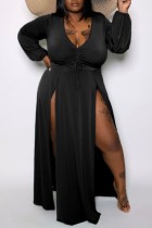 Black Casual Solid Slit V Neck Long Sleeve Plus Size Rompers