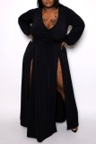 Black Casual Solid Slit V Neck Long Sleeve Plus Size Rompers