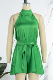 Green Sexy Casual Solid Bandage Backless Halter Regular Romper