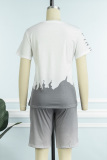 Grey Casual Letter Print Basic O Neck Short Sleeve Two Pieces