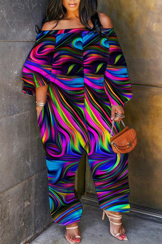 Multi-color Casual Print Patchwork Off the Shoulder Regular Jumpsuits