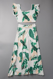 Light Green Sweet Print Patchwork Square Collar Sleeveless Two Pieces
