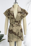 Army Green Sexy Casual Camouflage Print Patchwork Slit Turndown Collar Two Pieces