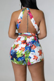 Green Floral Print Sleeveless Backless Halter Tie-Up Daily Vacation Bodycon Romper