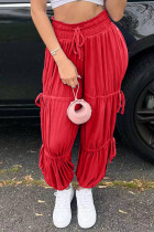 Red Casual Solid Patchwork Frenulum Fold High Waist Pencil Solid Color Bottoms