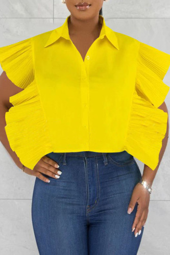 Yellow Casual Solid Patchwork Buckle Flounce Turndown Collar Tops