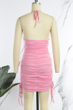 Pink Sexy Solid Draw String Fold O Neck Sleeveless Dress Dresses