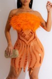 Orange Sexy Patchwork Sequins See-through Backless Strapless Sleeveless Dress Dresses