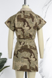 Khaki Sexy Casual Camouflage Print Patchwork Slit Turndown Collar Two Pieces