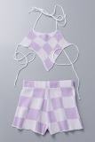 Purple Sexy Plaid Patchwork Backless Asymmetrical Contrast Spaghetti Strap Sleeveless Two Pieces