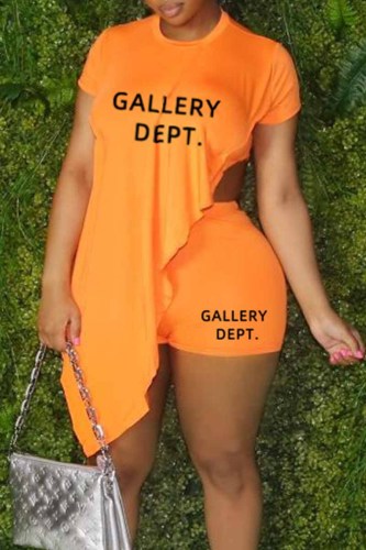Orange Casual Print Letter Asymmetrical O Neck Short Sleeve Two Pieces