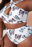 White Sexy Butterfly Print Hollowed Out Backless Halter Plus Size Swimwear (With Paddings)