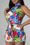 Green Floral Print Sleeveless Backless Halter Tie-Up Daily Vacation Bodycon Romper