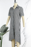 Black Casual Striped Print Patchwork Turndown Collar Shirt Dress Dresses