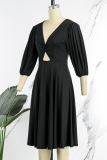 Black Casual Solid Hollowed Out V Neck A Line Dresses