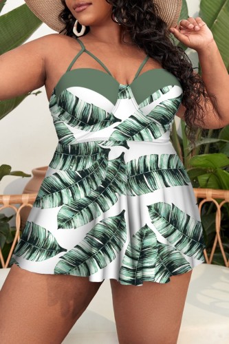 Green Yellow Sexy Print Patchwork Backless Spaghetti Strap Plus Size Swimwear (With Paddings)
