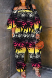 Black Yellow Casual Print Patchwork Off the Shoulder Regular Jumpsuits
