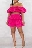 Rose Red Sexy Casual Solid Patchwork Backless Off the Shoulder Short Sleeve Two Pieces