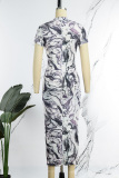 Multicolor Casual Print Basic Half A Turtleneck Short Sleeve Dress