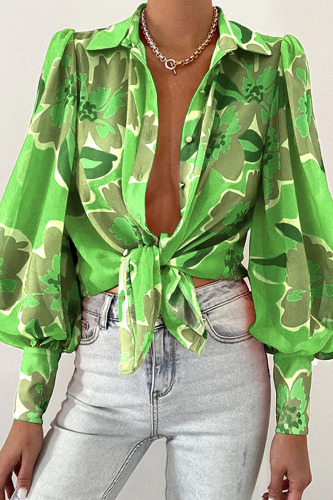 Green Casual Print Patchwork Buckle Turndown Collar Tops