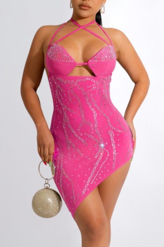 Pink Sexy Patchwork Solid Hot Drilling Backless Spaghetti Strap Irregular Dress Dresses