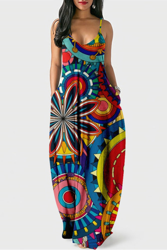 Colour Casual Street Print U Neck Lantern Skirt Dresses