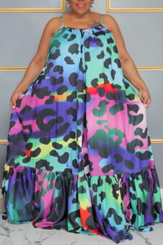 Blue Casual Print Backless Spaghetti Strap Long Dress Plus Size Dresses