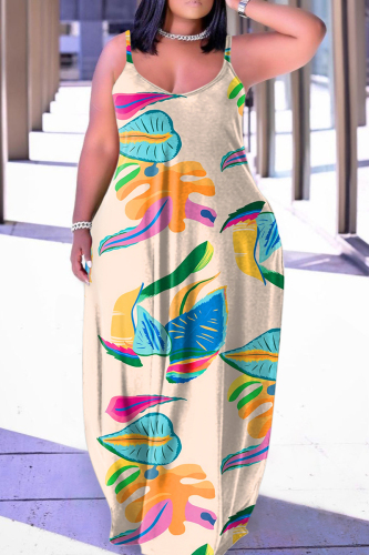 Khaki Sexy Print Backless Spaghetti Strap Dresses