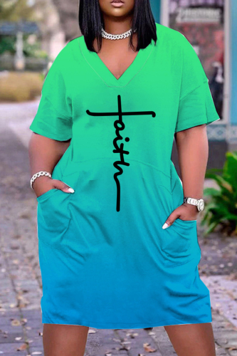 Light Green Casual Print Basic V Neck Short Sleeve Dress