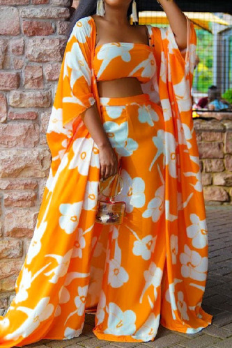 Tangerine Red Casual Print Patchwork Cardigan Collar Three Quarter Three Pieces