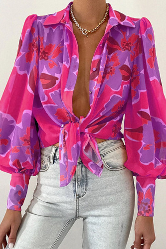 Rose Red Casual Print Patchwork Buckle Turndown Collar Tops
