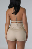 Khaki Sexy Street Solid Patchwork Pocket Backless Sleeveless Two Pieces