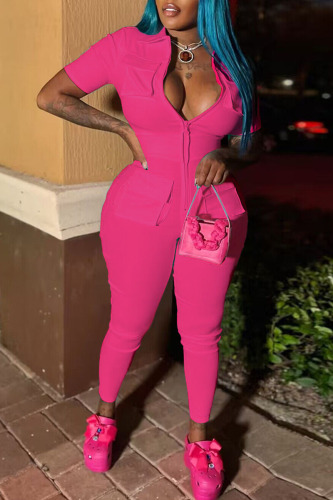Rose Red Sexy Solid Patchwork Pocket Turndown Collar Skinny Jumpsuits