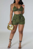 Olive Green Sexy Street Solid Patchwork Pocket Backless Sleeveless Two Pieces
