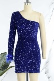 Blue Sexy Patchwork Sequins Backless Oblique Collar One Step Skirt Dresses