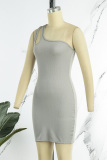 Silver Gray Sexy Casual Solid Backless One Shoulder Sleeveless Dress Dresses