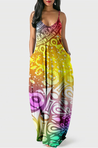 Purple Yellow Casual Street Print U Neck Lantern Skirt Dresses