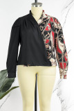 Blue Casual Daily Patchwork Print Patchwork Basic Printing Shirt Collar Plus Size