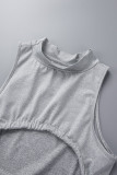 Grey Sexy Solid Patchwork Flounce Fold O Neck Sleeveless Two Pieces
