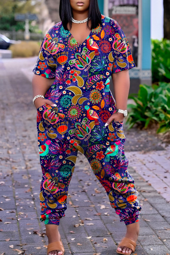 Blue Casual Print Patchwork V Neck Regular Jumpsuits