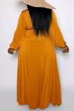Yellow Casual Solid Slit V Neck Long Sleeve Plus Size Rompers