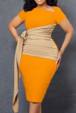 Yellow Casual Solid Bandage Patchwork Fold Asymmetrical Collar One Step Skirt Dresses