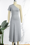 Grey Casual Solid Patchwork Oblique Collar A Line Dresses