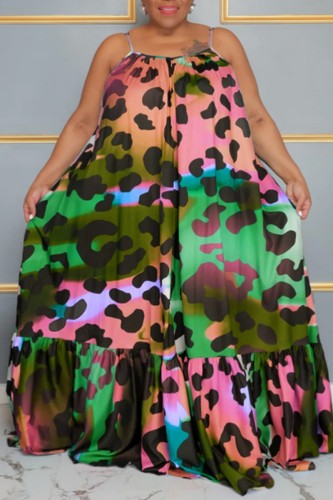 Pink Casual Print Backless Spaghetti Strap Long Dress Plus Size Dresses