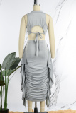 Grey Sexy Solid Patchwork Flounce Fold O Neck Sleeveless Two Pieces