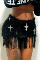 Black Sexy Street Solid Tassel Patchwork Metal Accessories Decoration Regular Low Waist Pencil Solid Color Bottoms