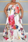 Rose Red Casual Print Backless Spaghetti Strap Long Dress Plus Size Dresses